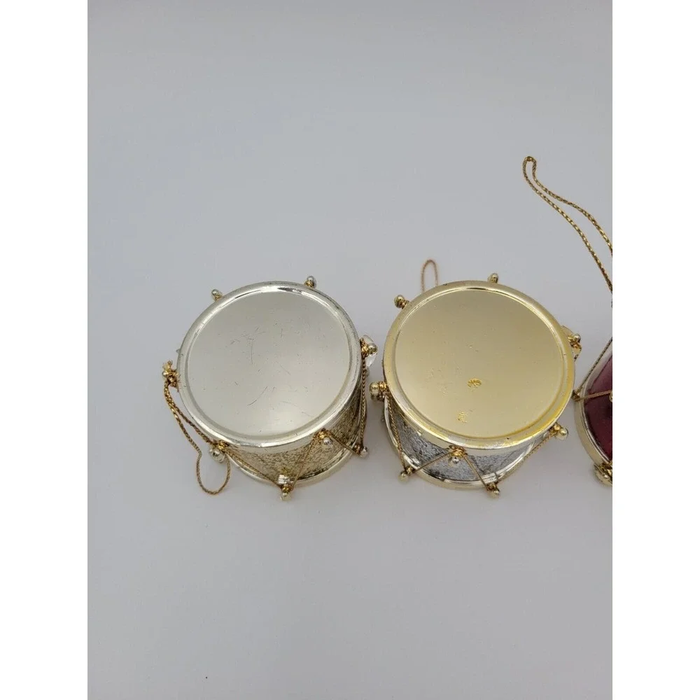 Vintage Lot Of 4 Glitter Drum Christmas‎ Ornaments Gold Red Silver Hanging